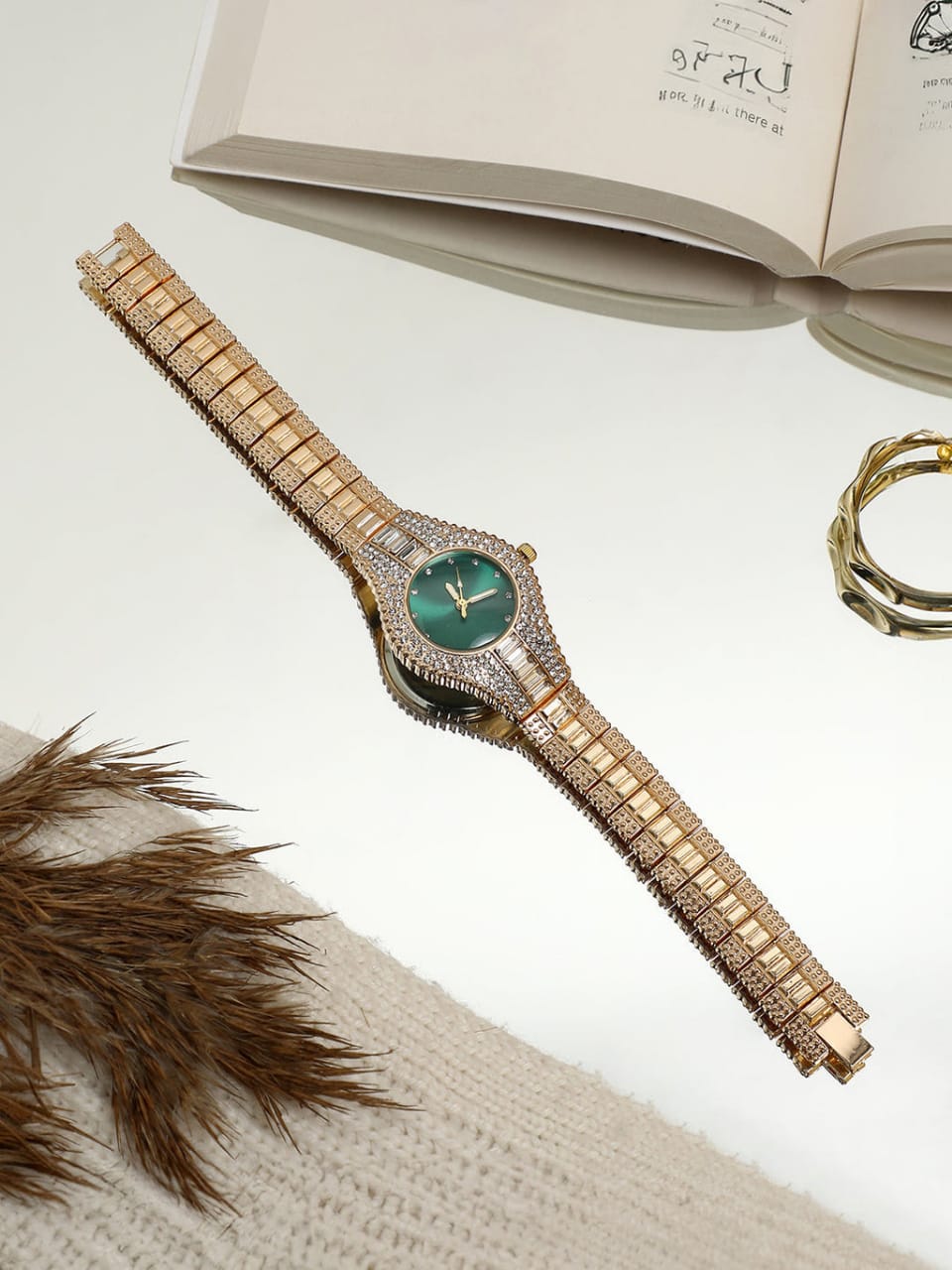 Luxury Gold Watch for Women - Emerald Green Dial | Diamond Embellished Bracelet Watch