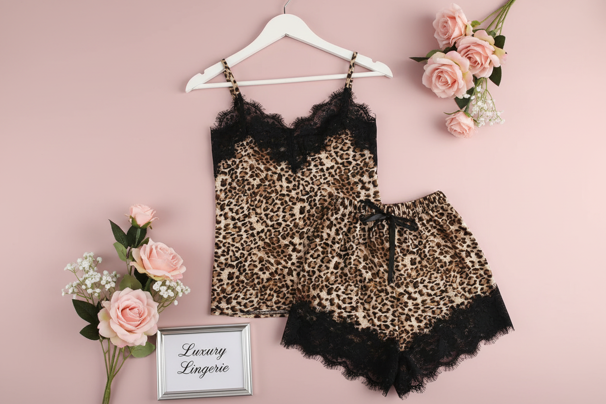Leopard Print Satin Lingerie Set - Black Lace Trim Cami & Shorts