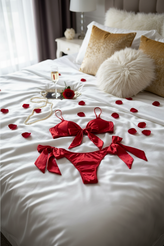 Red Satin Bow-Tie Lingerie Set - Adjustable Straps