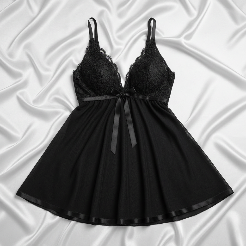 Black Babydoll on White Silk