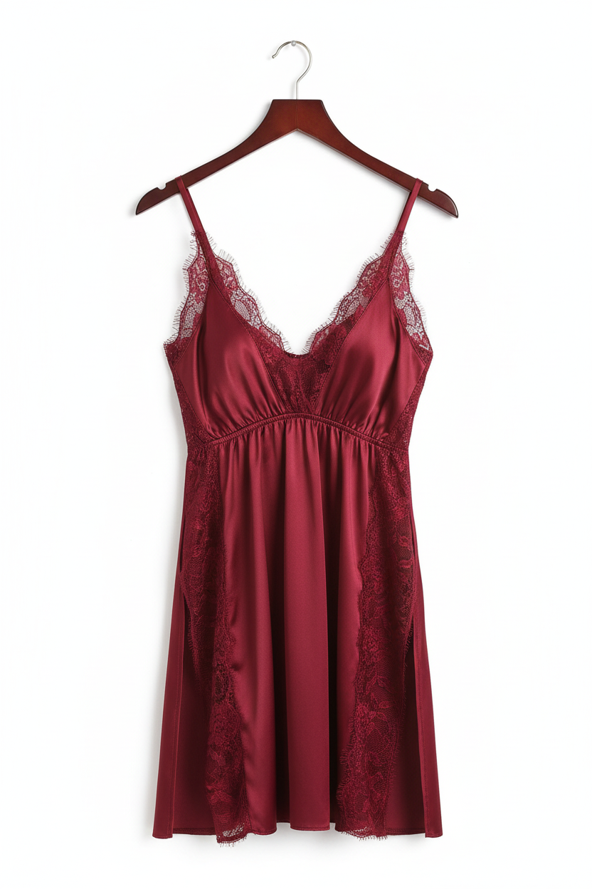 Burgundy Satin Babydoll on Hanger