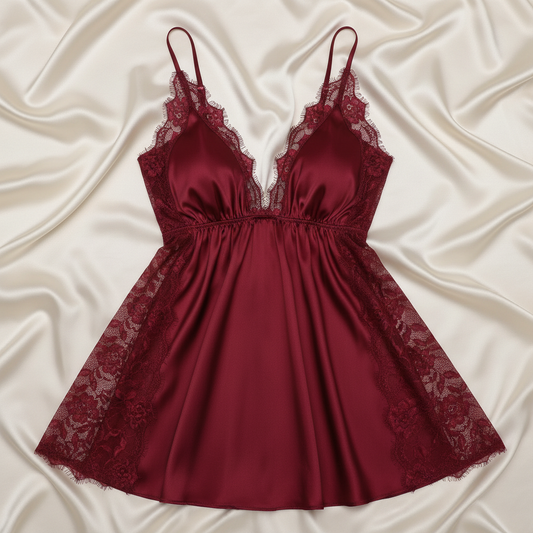 Burgundy Satin Babydoll Top View