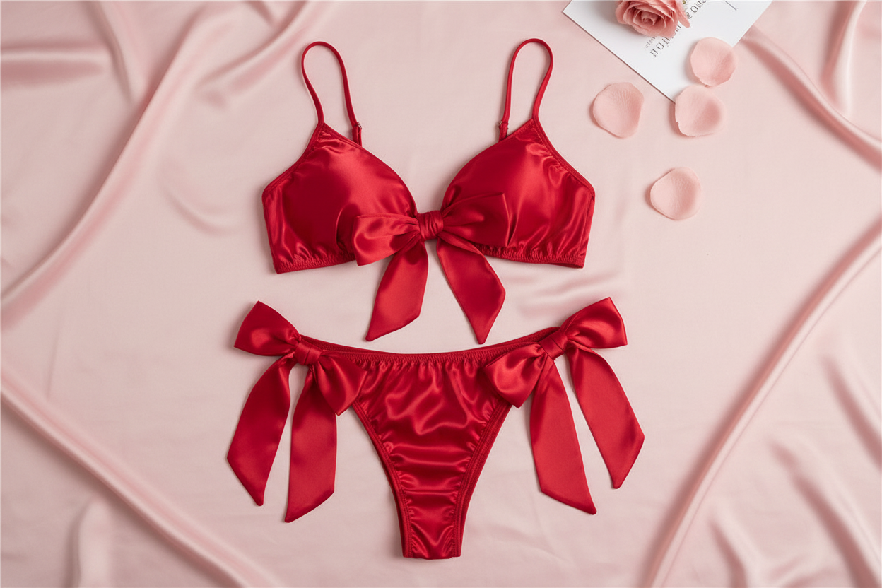 Red Satin Bow-Tie Lingerie Set - Adjustable Straps