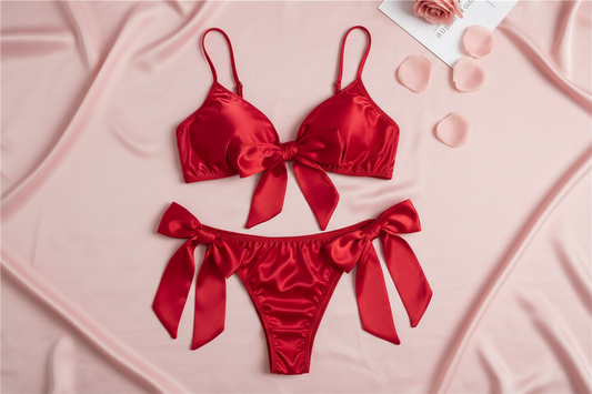 Red Satin Bow-Tie Lingerie Set - Adjustable Straps